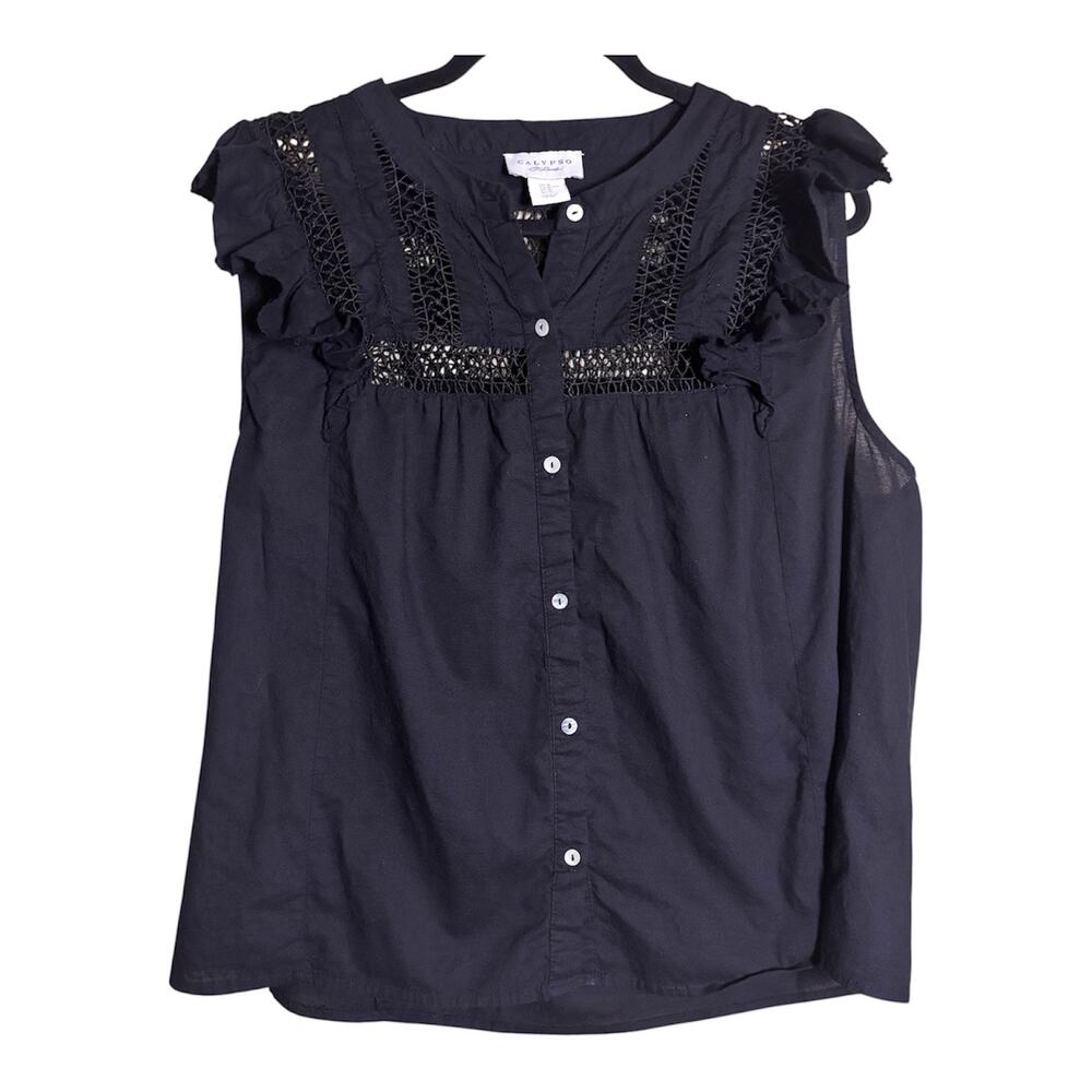 Calpyso St Barth Top Women's XL Black Ruffle Tank Button Up Lace Crochet Eyelet